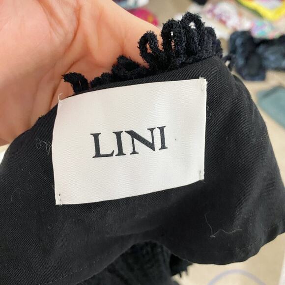 LINI Black Boucle Knit Cardigan Silk Blend Size Small Open Front Pockets Fringe - Picture 7 of 10